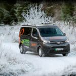 Electric Toyota Proace Campervan Conversion for Sale in the UK driving in snowy countryside