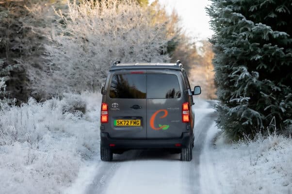 Electric Toyota Proace Campervan Conversion for Sale in the UK driving in snow