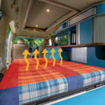 CampervanCo's exclusive Thermo-roll heated bed lowered showing graphic heat wave illustrations