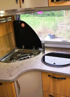 Kitchen and stove of levoyageur 755sx mercedes 3-0l automatic motorhome