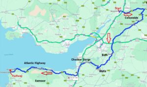 Map of driving route SWC450 from Gloucester to Woolacombe