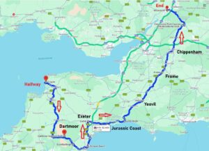 Map of driving route SWC450 from Woolacombe to Exeter to Gloucester