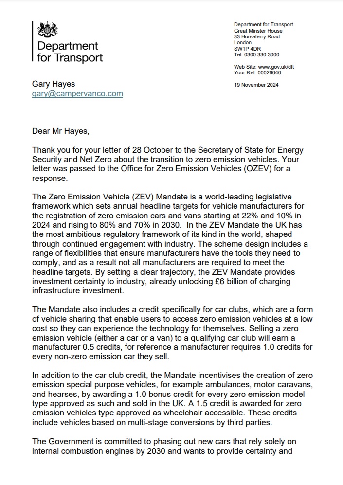 Dear Ed Milband – Reply from Dept of Transport on reducing EV charging costs and vehicle emissions